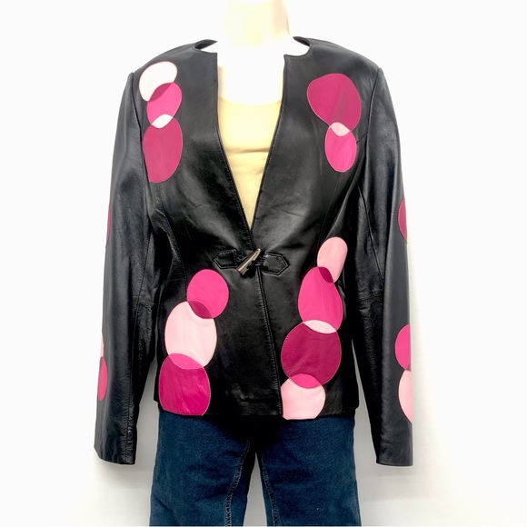Belle Sport Genuine Leather Black Pink Blazer - Picture 1 of 16